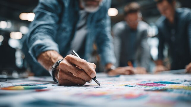 Group of colleagues reviewing business reports and financial charts in an office