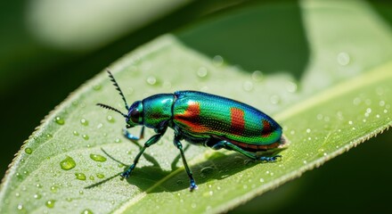 Naklejka premium Vibrant green jewel beetle resting on dew-covered leaf