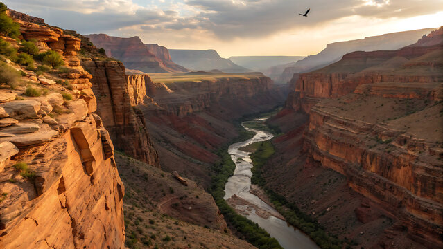 A majestic eagle soars over the vast grand canyon at sunset, with the colorado river winding through the immense geological formations