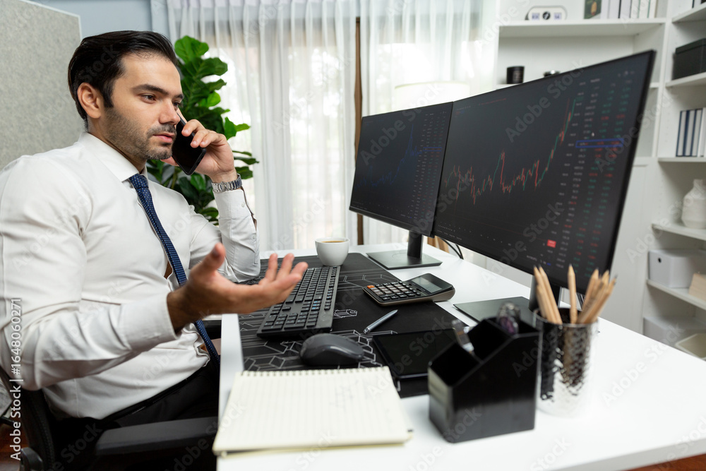 Poster trader businessman calling to consultant or partner with two stock exchange investment, compare data