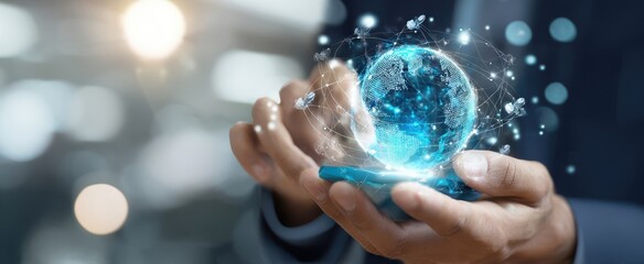The Globe Hologram Emerging Above a Smartphone in Business Hands Representing Global Connectivity