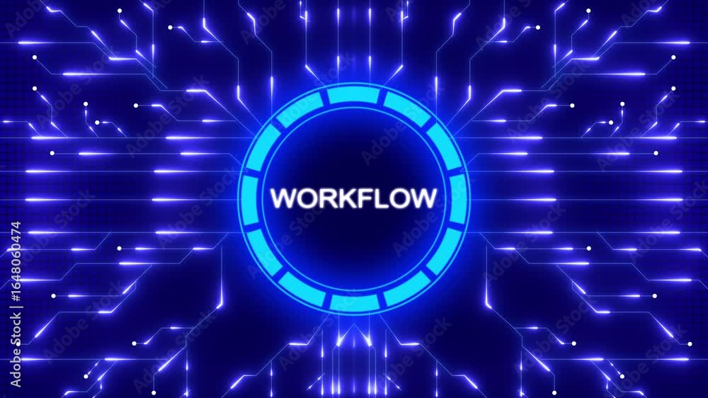 Poster abstract digital workflow visualization with glowing circuit board lines and futuristic design