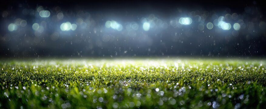 The grass of a rain soaked stadium field glistening under blurred floodlights at night - Powered by Adobe