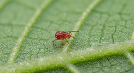 Close-up of a red spider mite on a green leaf vein with web threads