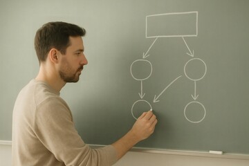 Man drawing flowchart on chalkboard in classroom during lesson  