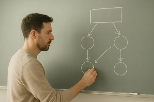 Man drawing flowchart on chalkboard in classroom during lesson