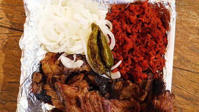 Plato con chorizo, cebolla y chiles asados