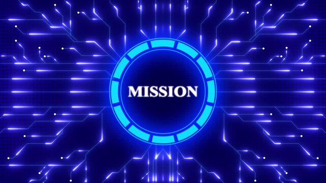 Digital network visualization depicting the word mission within a technology focused display