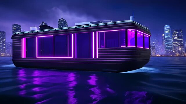 Futuristic boat illuminated by neon lights in a vibrant cityscape