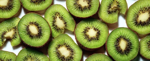 The kiwi fruit slices arranged closely showing vibrant green flesh and seeds