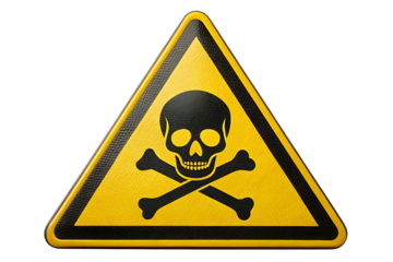 Yellow triangular warning sign with a black skull and crossbones symbol on a transparent background danger isolated on a transparent background