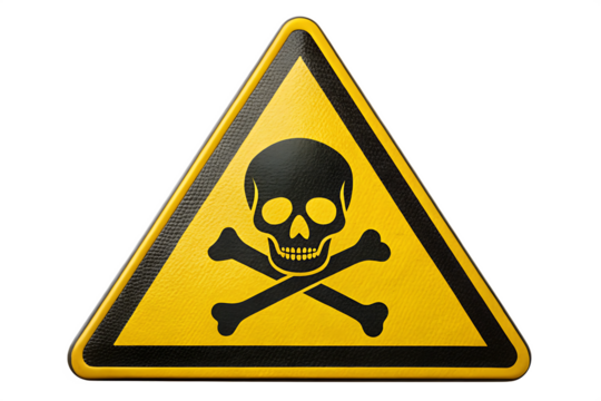 Yellow triangular warning sign with a black skull and crossbones symbol on a transparent background danger isolated on a transparent background