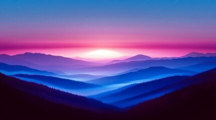Obraz premium Misty Mountain Range Silhouette at Sunset, Dreamy Pink Horizon with Layers of Soft Clouds and Light