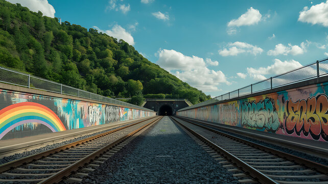 Graffiti-Adorned Train Tracks Leading to Tunnel