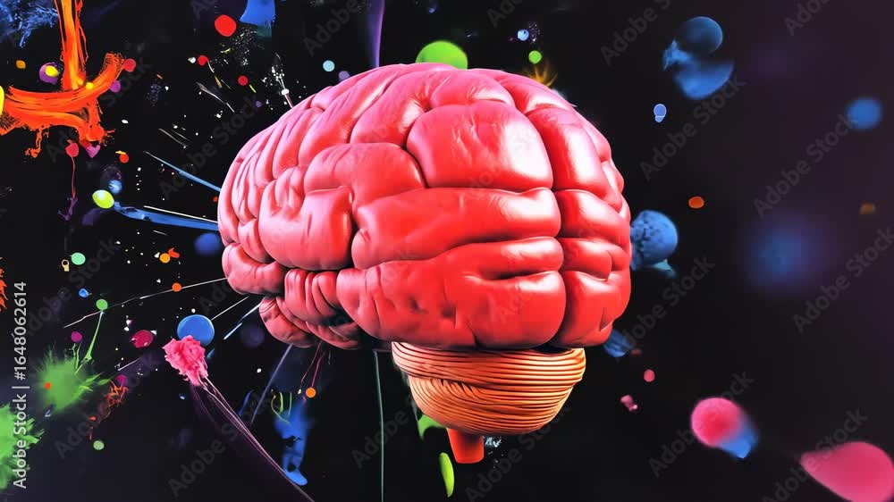 Poster vibrant abstract brain with colorful splashes and cosmic background
