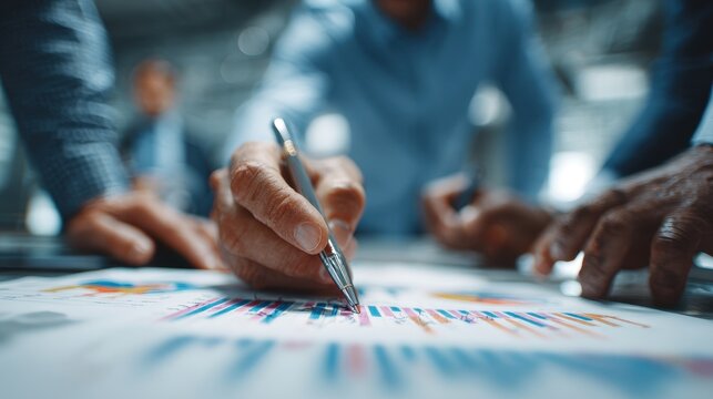 Group of colleagues reviewing business reports and financial charts in an office - Powered by Adobe