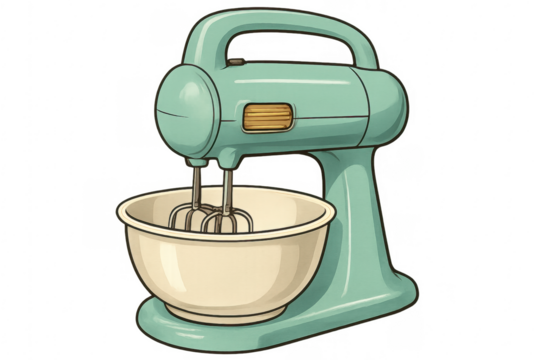 Vintage green stand mixer with bowl on transparent background