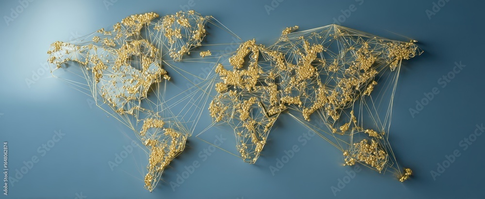 Poster the world map constructed from golden nodes and network lines representing global connectivity