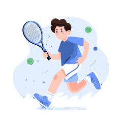Tennis Player in Action: An animated illustration of a dynamic tennis player mid-run, racket in hand, balls scattered, captured in a lively and energetic cartoon style.