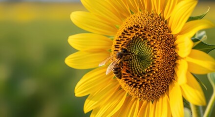 Bee on vibrant sunflower blooming in a sunlit field