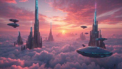 Stunning science fiction cityscape above clouds with futuristic architecture and glowing airships in a colorful sunset sky