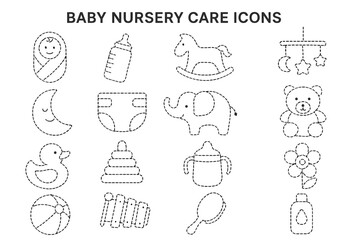 Baby nursery care icons: toys, bottle, diaper, teddy, moon, elephant, duck, flower
