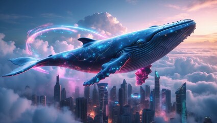Surreal flying whale over futuristic city with neon lights and holograms in the clouds.