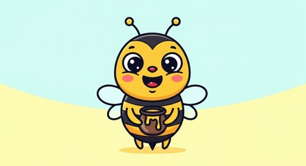 Cute cartoon bee holding honey pot on colorful background