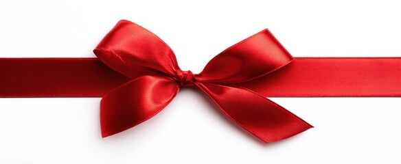 The Red Satin Bow On A Horizontal Ribbon Against A Clean White Background