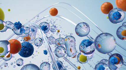 Abstract 3D Illustration of Bubbles With Colorful Elements Suspended in Transparent Liquid © lotus_studio
