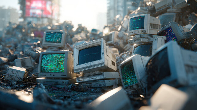 Pile of discarded computer monitors in electronic waste dump
