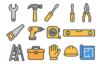 Collection of construction tools icons including hammer, wrench, and drill