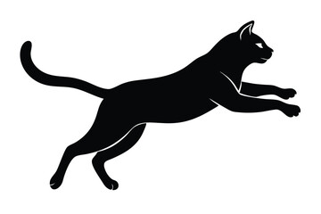 Silhouette Image of a Leaping Black Cat with a Curled Tail and Pointed Ears