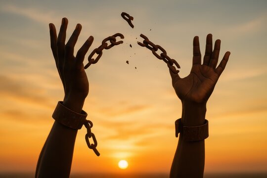 Silhouette of hands with broken chains raised against sunset sky. - Powered by Adobe