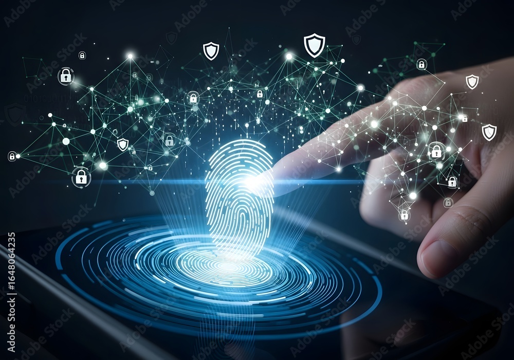 Poster a finger touches a fingerprint scan on a tablet, surrounded by glowing circles and network connectio