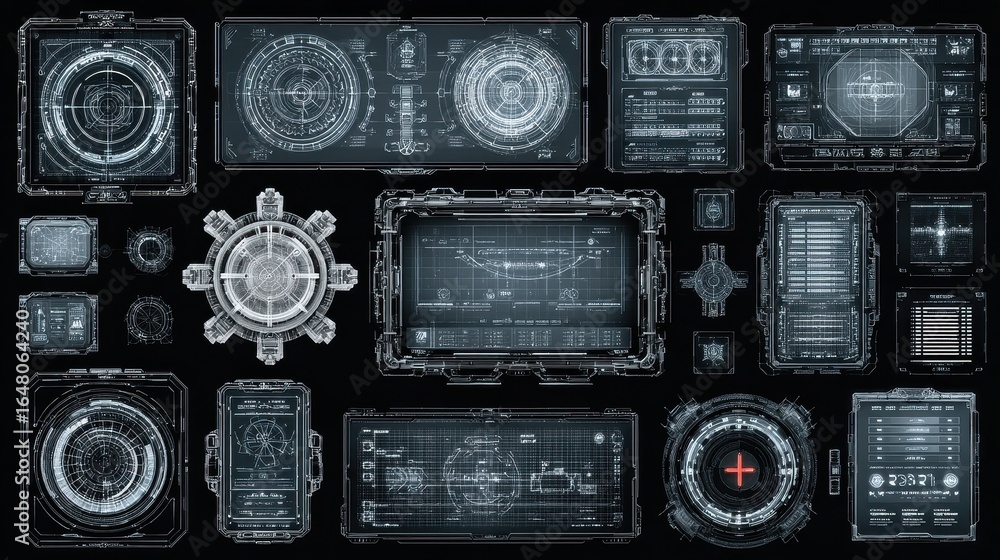 Poster intricate high tech futuristic control panel display with circular core and data screens