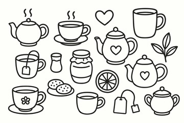 Tea set illustration with teapots, cups, and accessories in black outline on white