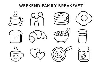 Simple icons of weekend family breakfast with food and drinks