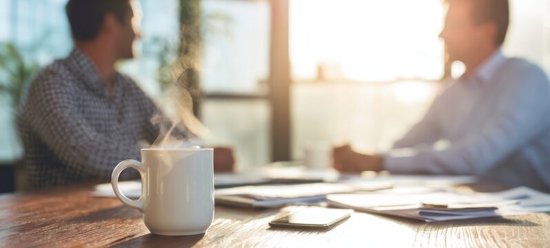 The coffee mug steaming on a desk during a casual office meeting at sunrise - Powered by Adobe