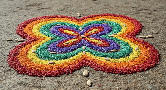 Vibrant Seed Mandala: A colorful ground art with natural grains in harmonious arrangement