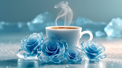steaming cup coffee with blue ice flowers roses, coffee tea hot mug in icy cold winter, National Cappuccino Day, ice coffee, horizontal banner, free space for text and copy