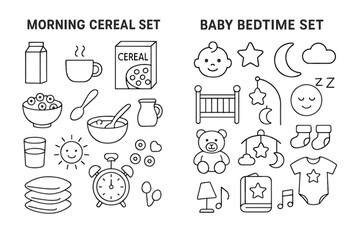 Fototapeta premium Morning cereal and baby bedtime icons set for daily routine concepts