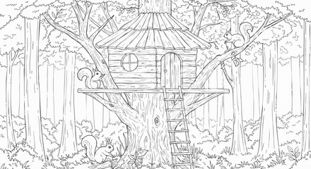Fototapeta premium Whimsical Treehouse Coloring Page A Delightful Scene with Squirrels in the Forest for Creative Fun