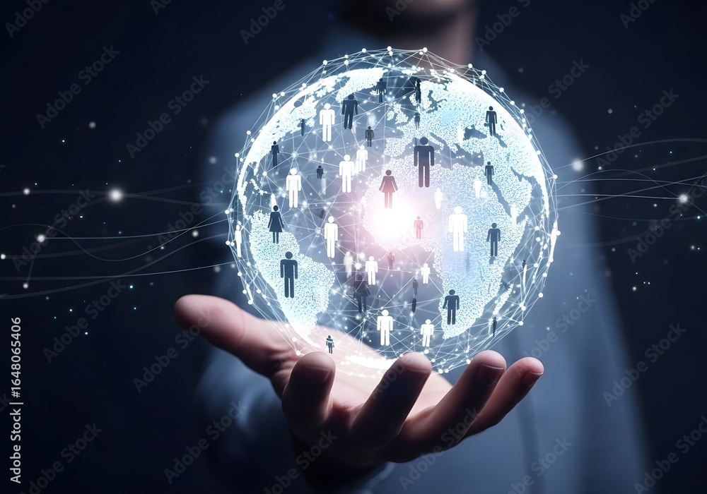 Poster man holding a digital globe with human figures, representing global connection and networking.