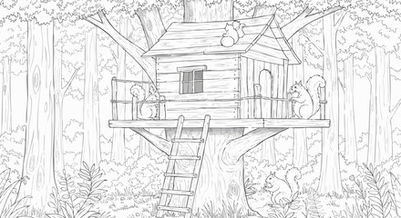 Whimsical line art illustration of a rustic wooden treehouse in a dense forest. Playful squirrels explore the elevated dwelling, offering a delightful scene for a captivating coloring book page