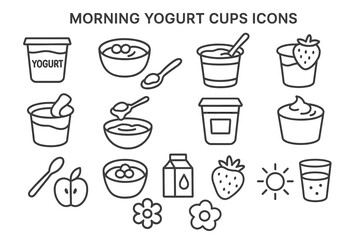 Obraz premium Set of morning yogurt icons: cups, bowls, spoons, fruit, sun