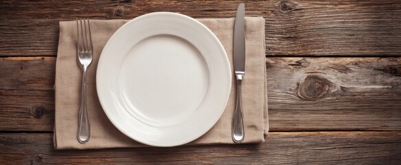 The Plate Centerpiece With Fork And Knife On Rustic Wooden Table Setting