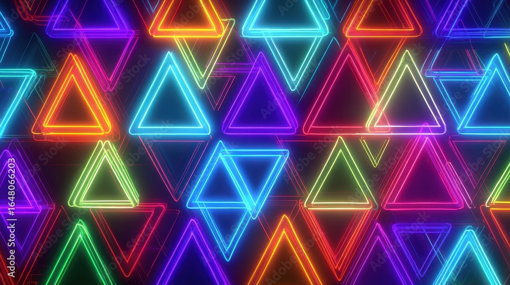 Poster glowing colorful triangles pattern against a dark background creating a vibrant and modern design