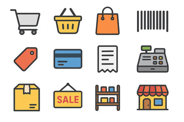 Colorful shopping icons including basket cart bag barcode and sale sign