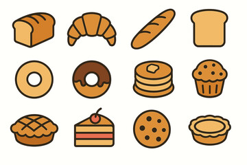Assorted bakery icons: bread, croissant, bagel, donut, pancakes, muffin, pie, cake, cookie, tart